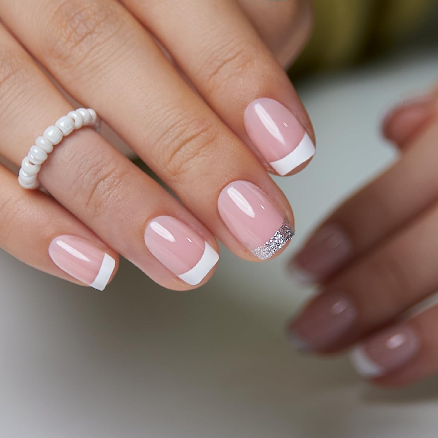 Curvlife Press On Nails Short Square Pink - Glitter Fade French Tip Press on Nails with Glue, Silver Glitter Gradient Glossy Nude Pink Fake Nails Long Lasting False Nail Tips for Women