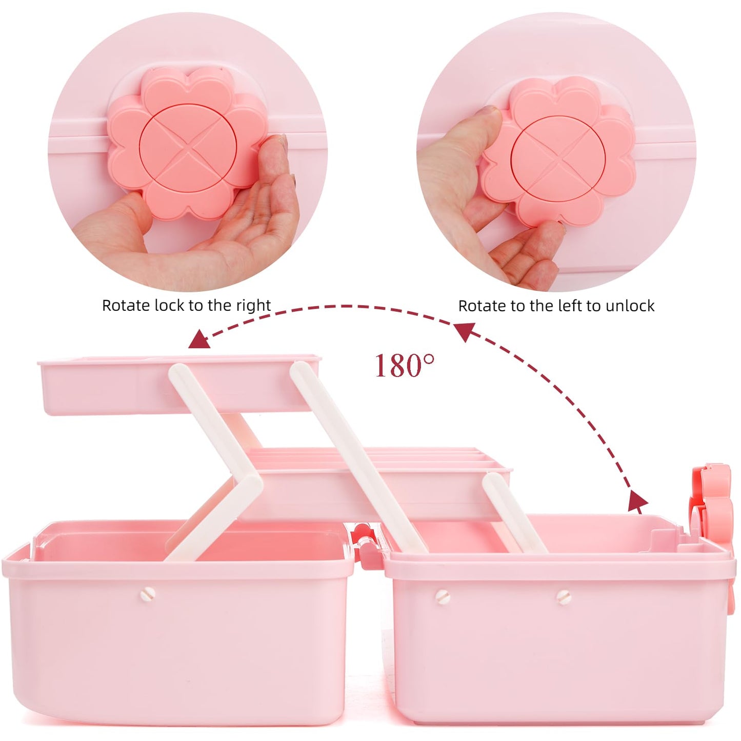 ZOOFOX Cute Hair Accessories Organizer for Girls, 3-Layers Pink Craft Storage Container with Handle, Lockable Storage Box for Hair Clip, Headband, Scrunchie, Cosmetic, Sewing, Toy, Washi Tape