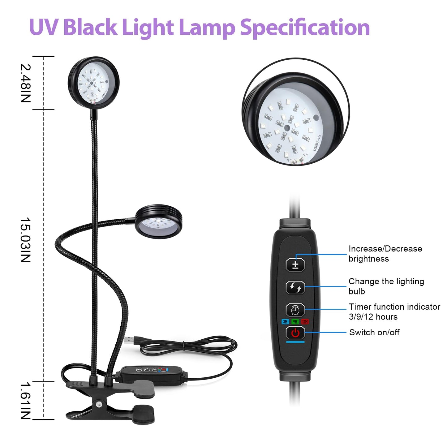 LEDLampsWorld USB UV Black Light Dual Head, 10W 395nm-405nm LED Lamp with Clamp, Gooseneck for Resin Curing, Blacklight, Posters, Paint Collection