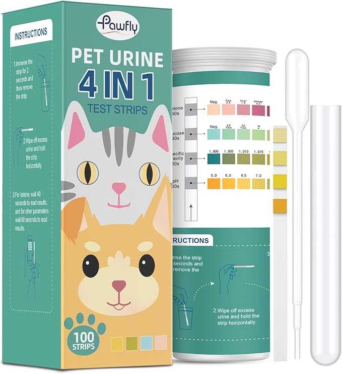 Pawfly Urine Test Strips, 100 Strips, Pet Urine Testing Strips for Ketone, Glucose, Specific Gravity & pH, Urinalysis Test Strips for Vets