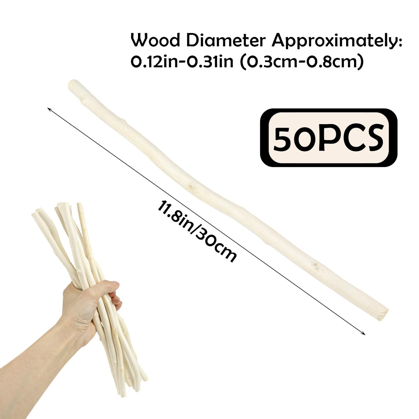 50Pcs Natural Twigs, Driftwood Branches, Unfinished Timber Rods for Model Making, Home Decor & Art Supplies (White 30CM)