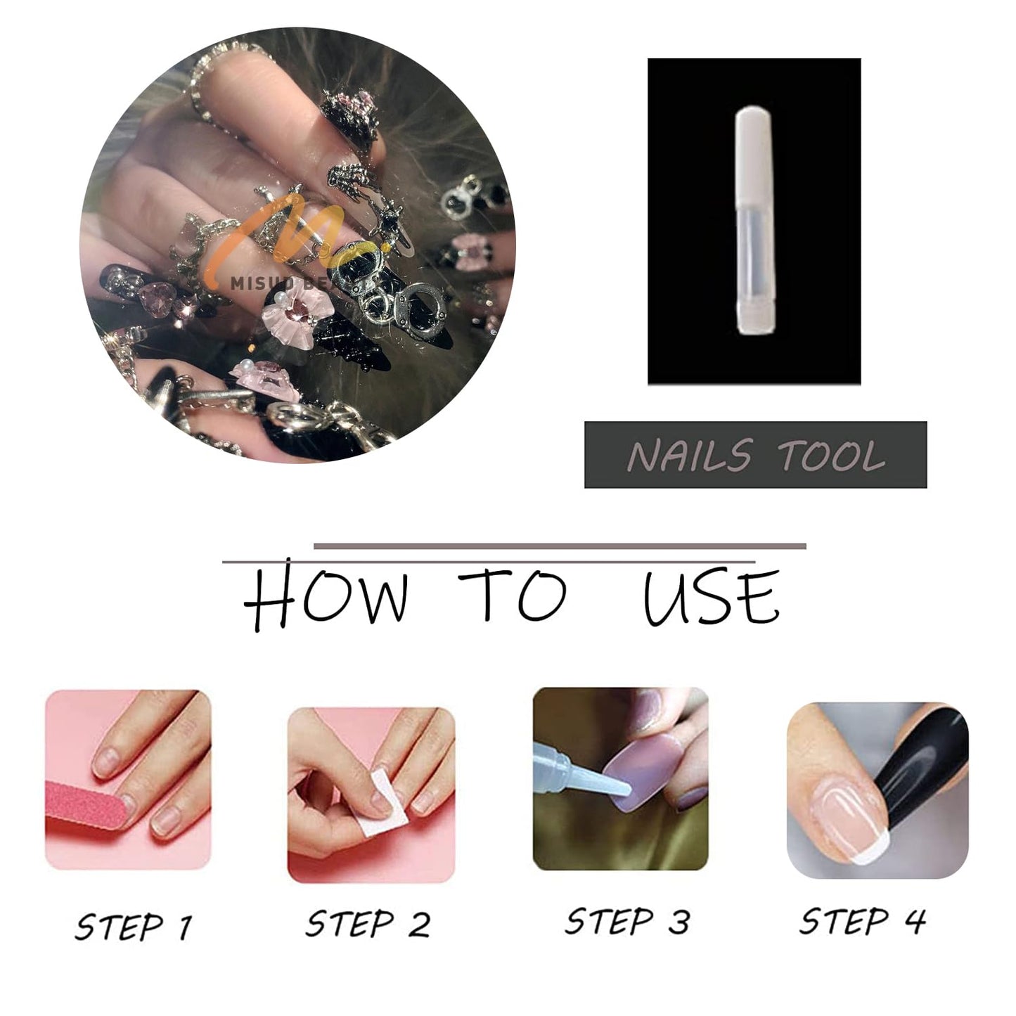 MISUD Press on Nails - Long Stiletto Fake Nails with Goth Black, Acrylic Gothic Y2K Charms Design 24 pcs