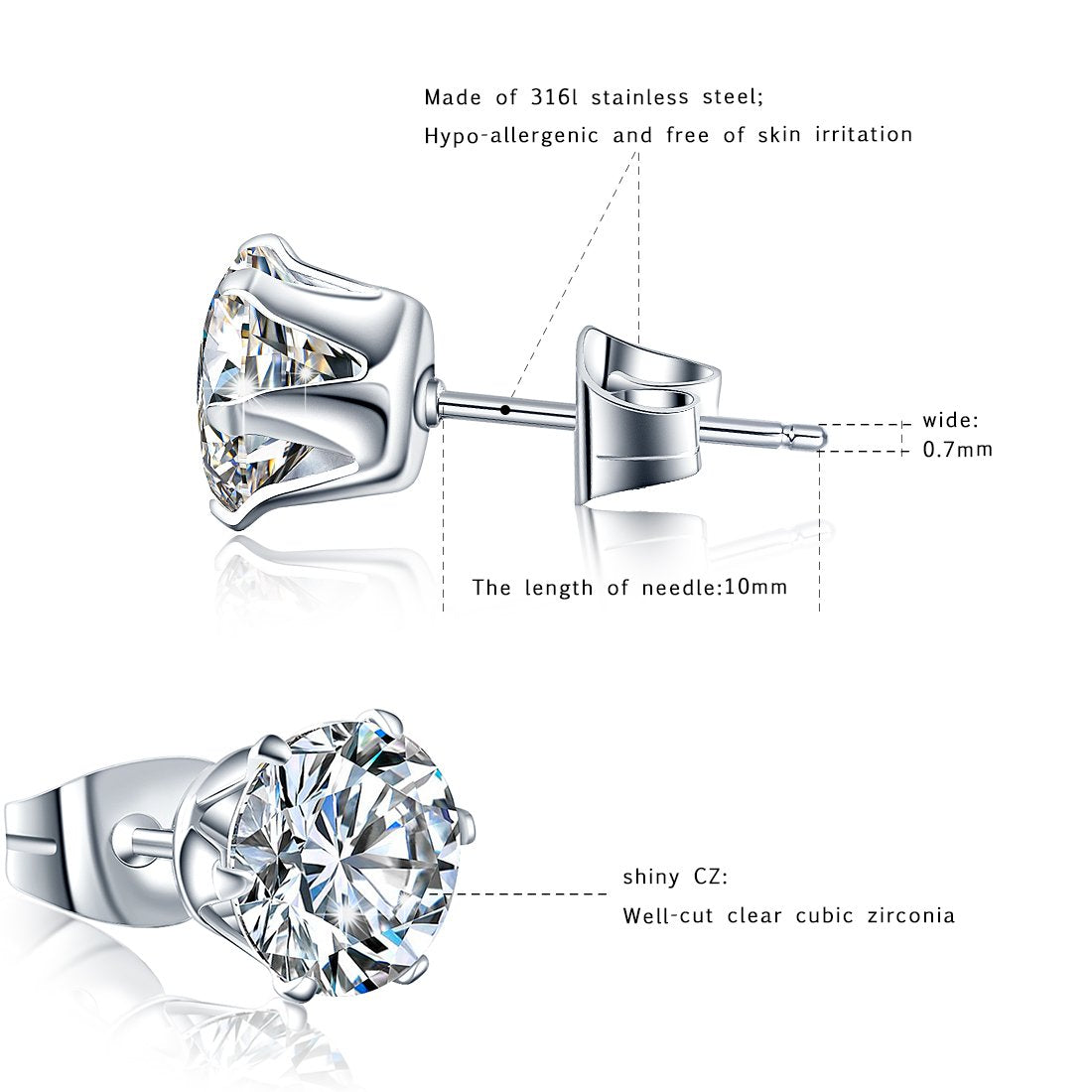 Stainless Steel Stud Earrings Hypoallergenic Cubic Zirconia (6Pairs) (Silver)