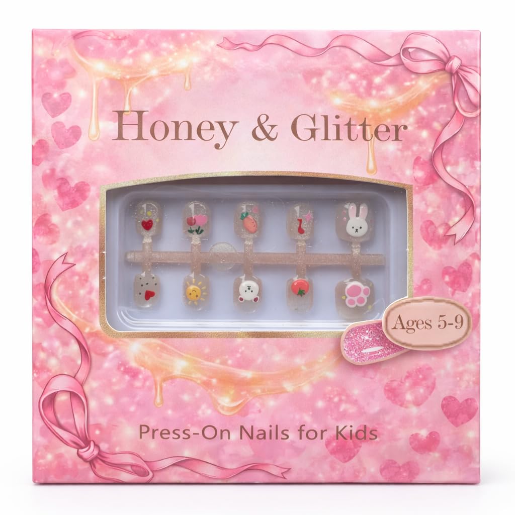Kids Press On Nails, Everyday Cute Design, All Kids Love Fake Nails for Girls, Soft Glitter Look, 24pcs