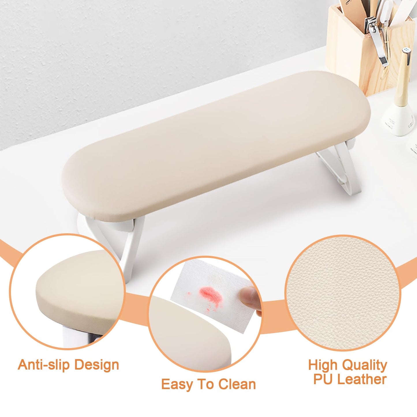 Subay Arm Rest for Nails Tech, Foldable PU Leather Nail Arm Rest for Acrylic Nails Cushion Hand Holder, Hand Rest Pillow Nail Art Accessories Tool for Manicure Pedicure Salon Home Use - Light Brown