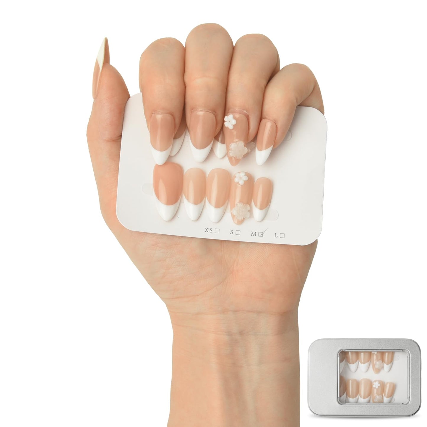 3D Pearl White Floral Red Press On Nails for Wedding, Handmade Medium Almond Nude Base White French-Tip Gel Acrylic 30pcs Reusable (Wedding Collection, Size M)