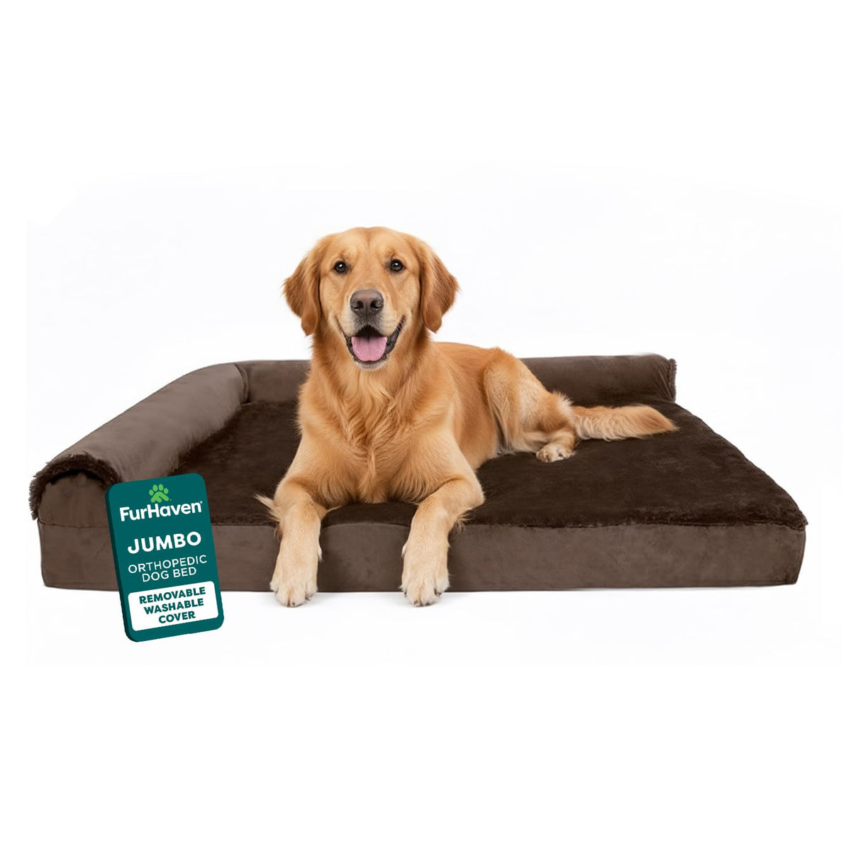 FurHaven Orthopedic Dog Bed for Large Dogs, L-Shaped Chaise Mattress with Orthopedic Egg Crate & Solid Orthopedic Foam Base for Joint Support, Washable Cover, Jumbo XL, Faux Fur & Suede, Dark Sage
