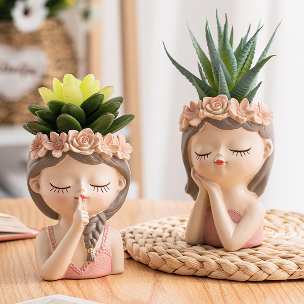 Snowy sunday Small Fairy Succulent Plant Pot kit 2 Pack with Drainage Hole Indoor Cactus Pot Cute Flower vases Decor with Girl Face Container Planter