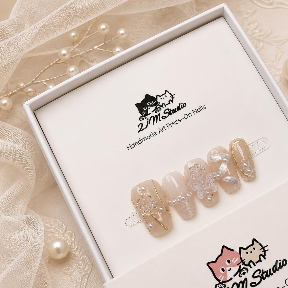 2IM Studio Handmade Press On Nails – 10 Piece Soft Gel Nail Kit with Glue & Tool Set, Reusable Artisan Nails, Salon-Quality Finish (Champagne Lace-XS)