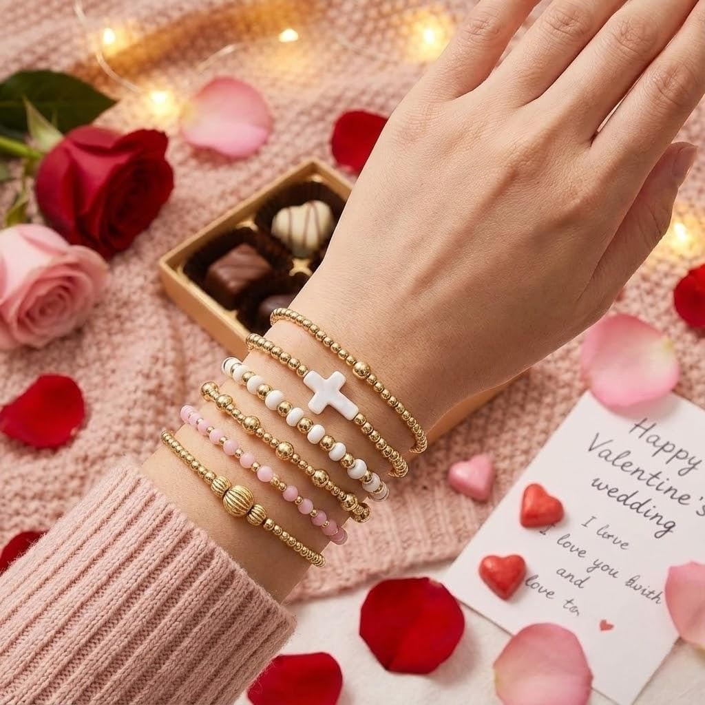 Bohxantium 14K Gold Beaded Bracelets for Women Boho Colorful Gold Beads Ball Stackable Stretch Christian Cross Bracelet Stack Waterproof Trendy Non Tarnish Jewelry Accessories Friendship Gift