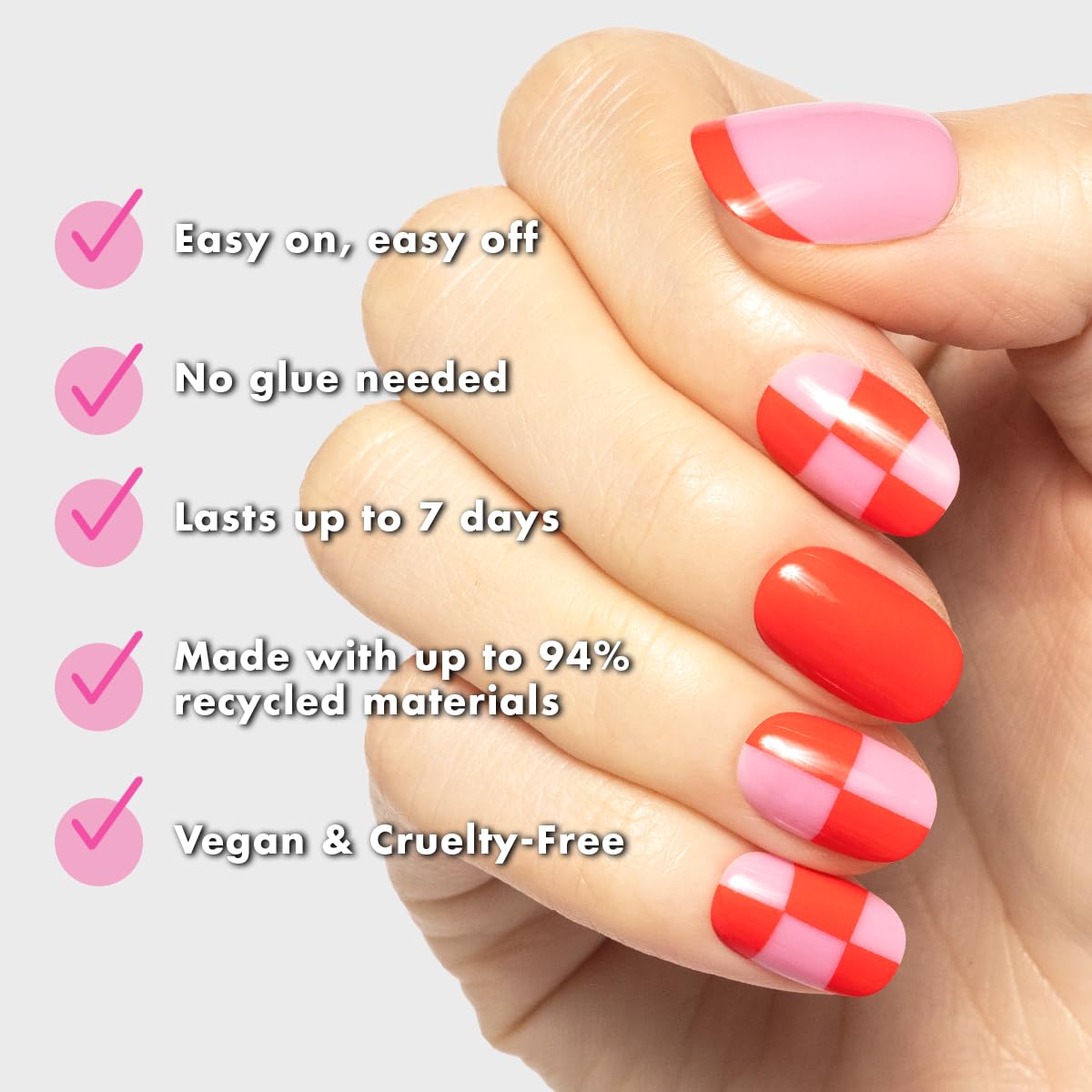 Olive & June Classic Super Stick Mani Press On Nails | No Glue Needed | 32 Tab Nails 16 Sizes | Non-Toxic Tabs Easy On-Off Non-Damaging Realist Look | 7-Day Wear | Short, Round |Pink Checker Party