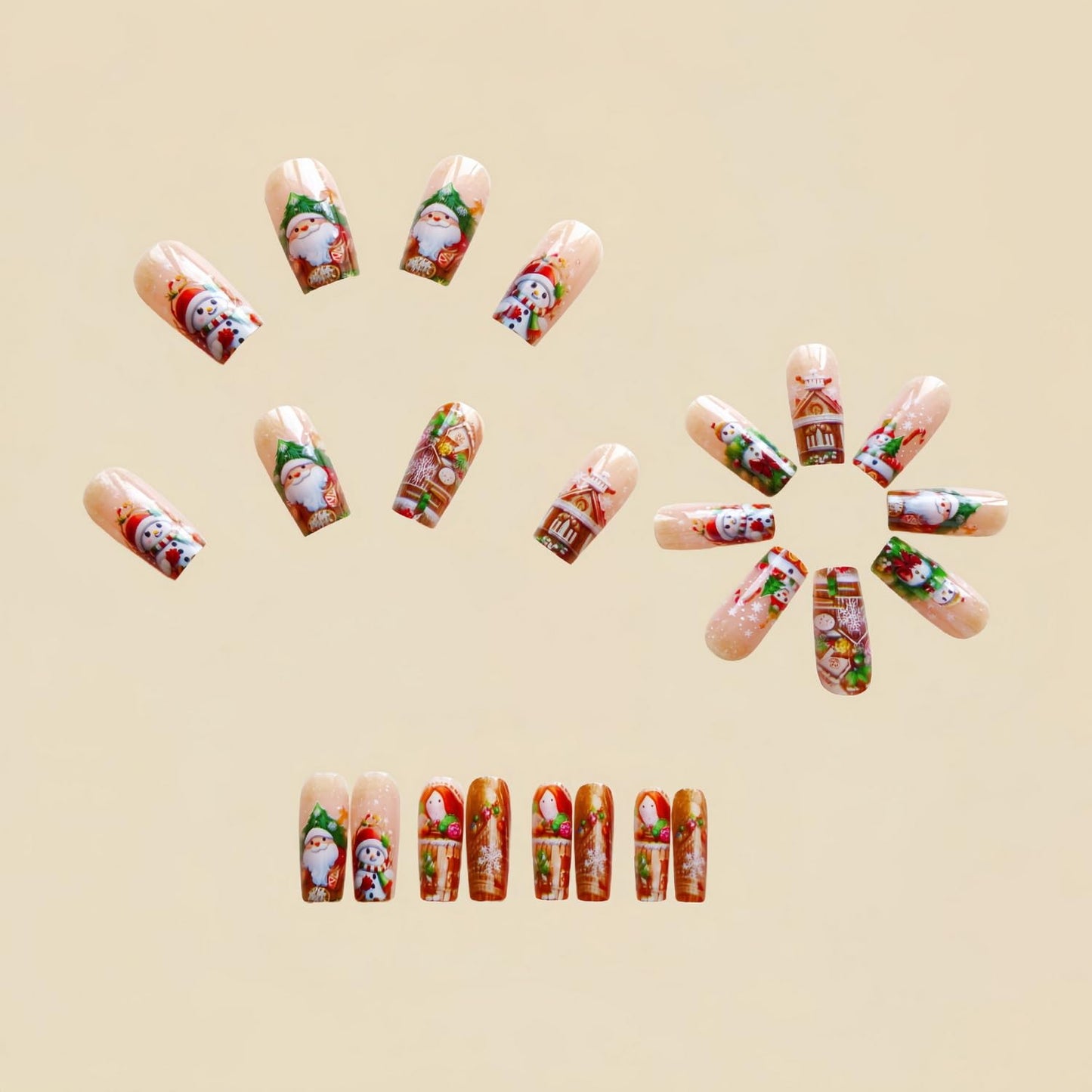 24pcsChristmas Press on Nail Medium Length Long Square Fake Nails Gold designs Cute Snowman Snowflake Castle Pattern Stick on Nail Glossy Full Cover Xmas False Nails Reusable Glue on Nails for Women
