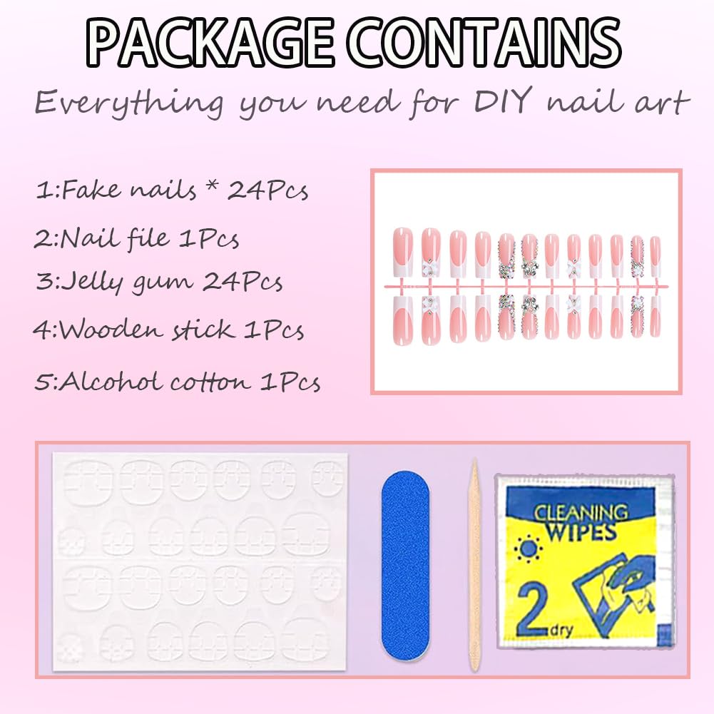Hrnsnails Long Square Press On Nails French Tip White Fake Nails with Butterfly Charm Rhinestones Nail Press Ons Design, Artificial False Nails Press On Nail Kit Stick On Nails for Women