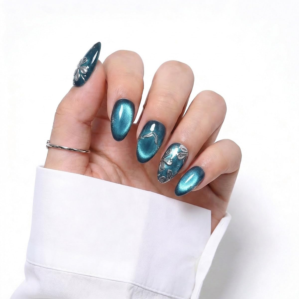 10 Pcs Short Almond Handmade Press On Nails | Teal Cat Eye with Silver Floral & Foil Accents | Reusable, Easy to Apply & Remove, Salon-Quality Manicure (RR17, S)