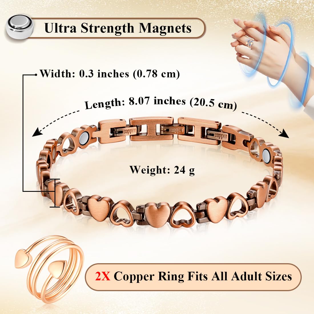 Vicmag Copper Bracelet for Women, Strength Magnetic Copper Bracelets 99.9% Solid Pure Copper Jewelry Valentine's Day Gift for Her (Adjustable Size with Gift Box)
