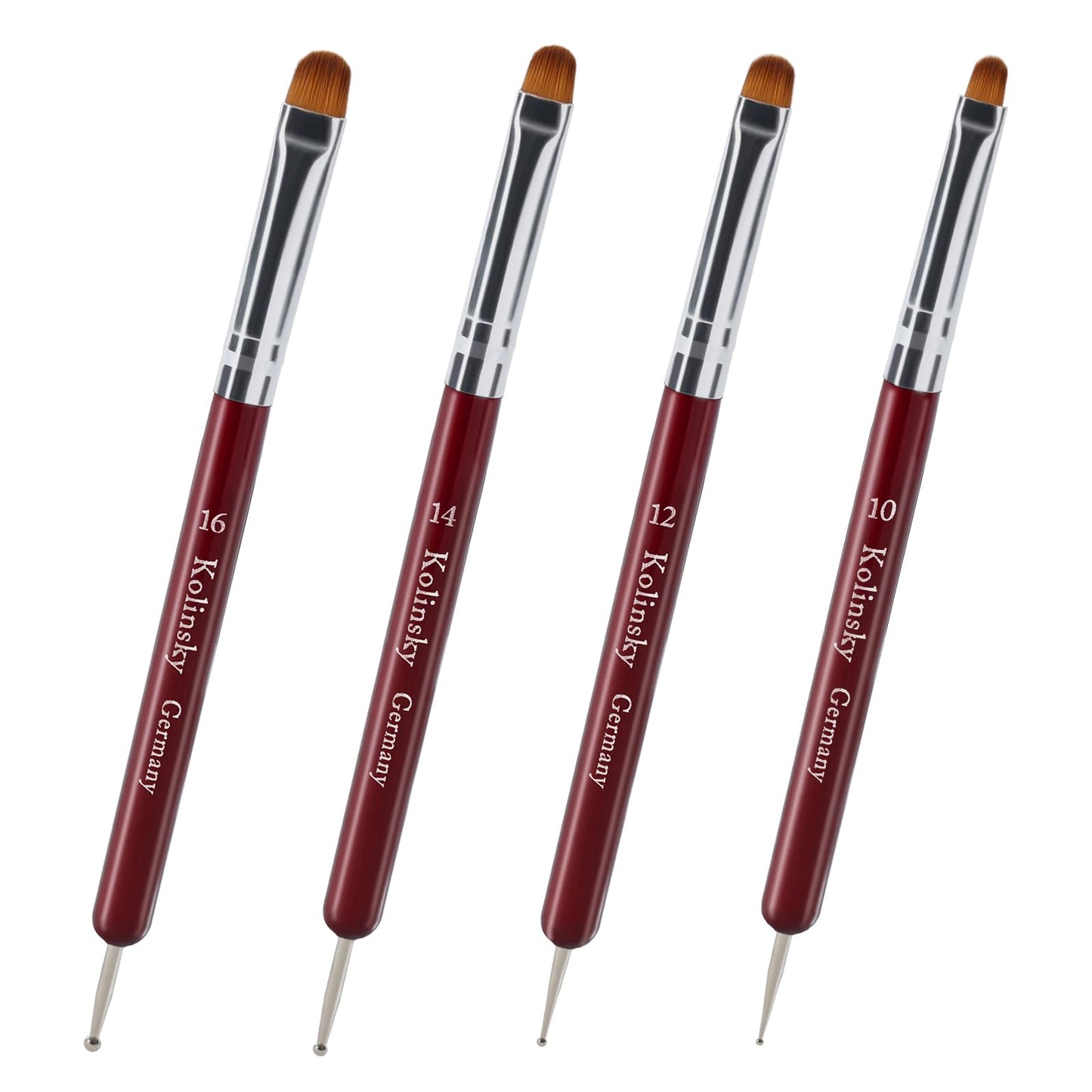 SIMPOR 4 Pieces French Tip Nail Brush and Clean Up Brush Set, Dual Ended Acrylic Nail Art Brushes with Dotting Pen, Professional Oval Manicure Tool for Cuticle Design Red Handle Size 10 12 14 16