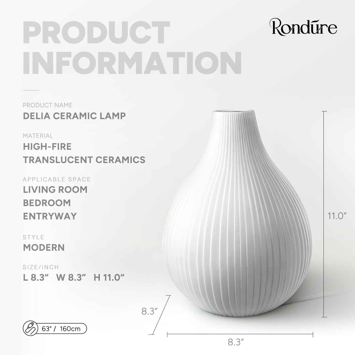RONDURE 11.0" Modern Ceramic Table Lamp, Fully Dimmable Modern Bedside Lamps for Bedroom, Living Room and Nightstand, White Translucent Ceramic Shade, Warm Ambient Lighting, Corded, Bulb Included