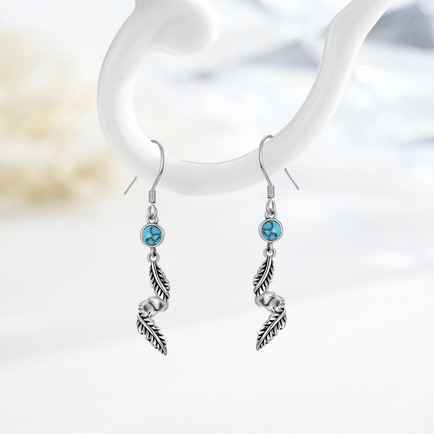 KoyeKei Feather Dangle Drop Earrings for Women 925 Sterling Silver Feather Turquoise Vintage Dangling Earrings Western Country Jewelry Boho Gifts