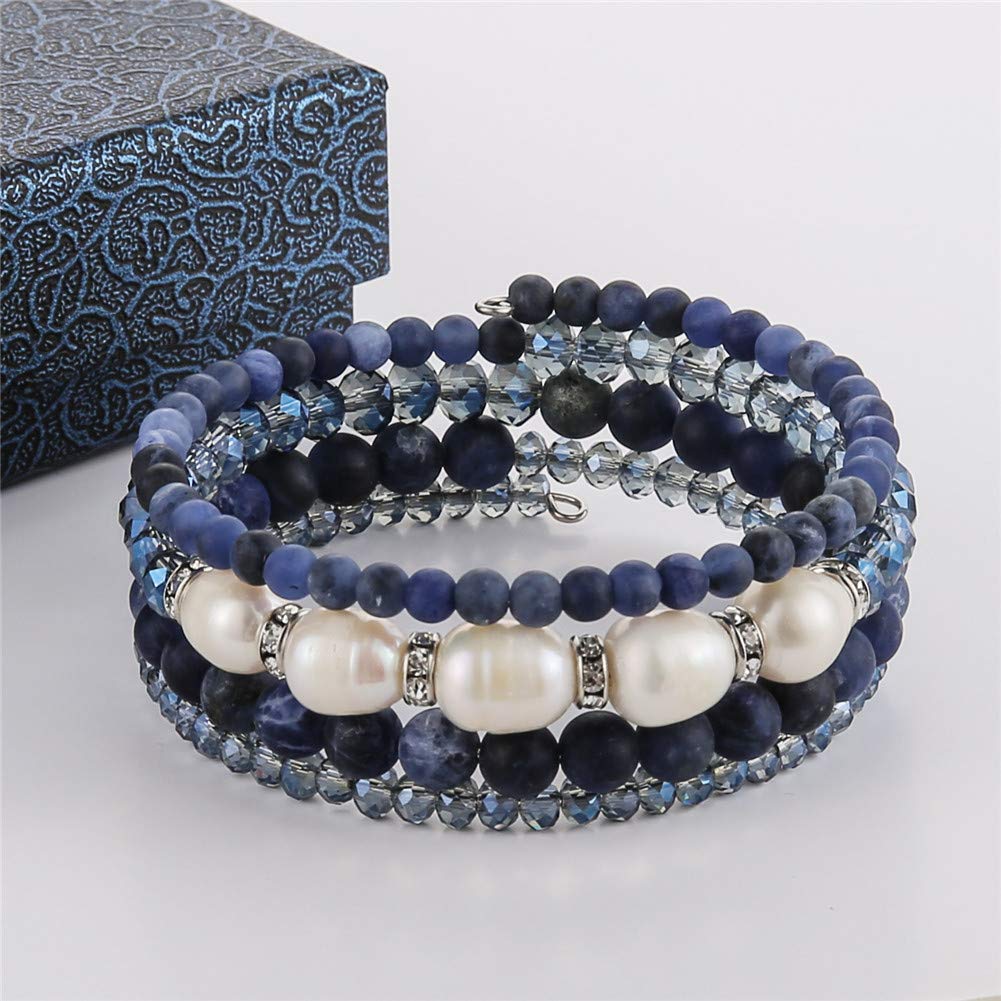 Beaded Freshwater Pearl Chakra Bracelet - Multi Strand Wrap Bracelet with Natural Crystal Agate Beads, Birthday Gifts for Women(29-Navy Blue)