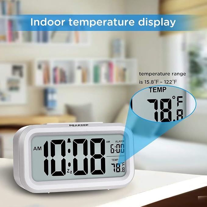 Peakeep Night Light Digital Alarm Clock Battery Operated Indoor Temperature | Small Cordless Cute Clock for Bedroom Desk Travel, Simple to Use for Teens Kids (White)
