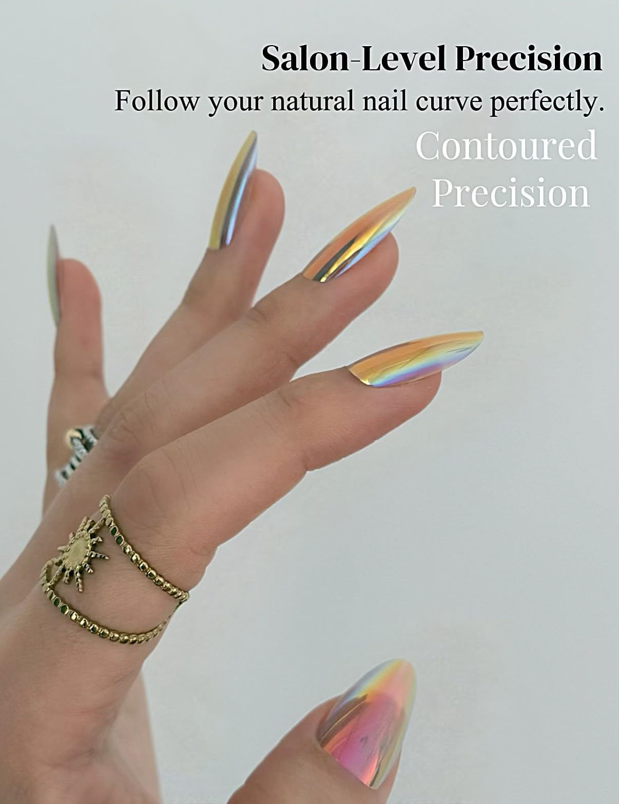 Aurora Chrome Press On Nails Medium Almond, Mirror Metallic Y2K Glow, 30pcs Reusable False Nail Kit by Nailinism