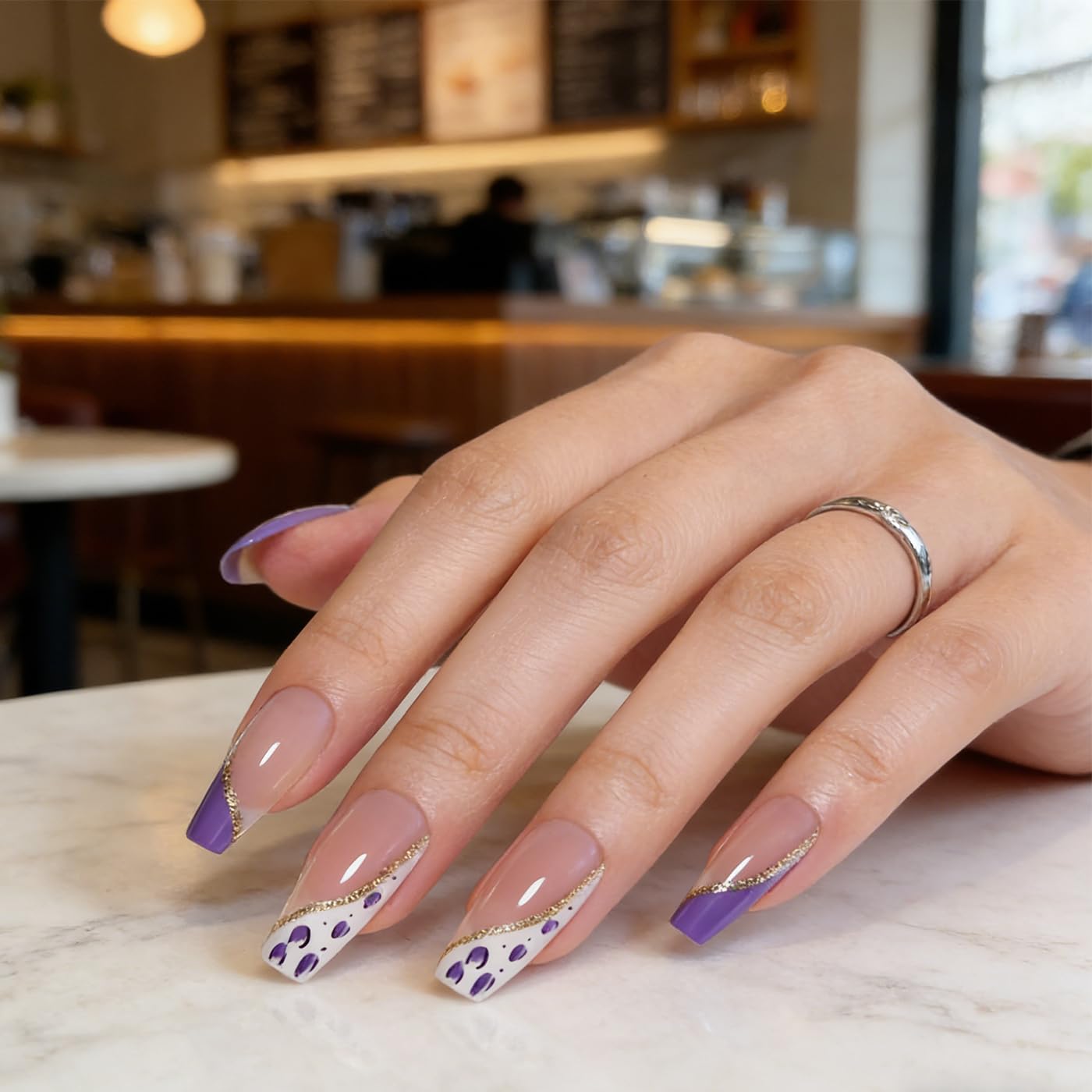 Goolich Purple French Tip Press On Nails Medium Coffin, Leopard Print Nails Press ons Set with Adhesive Tabs, 24 Pcs 12 Size Reusable Full Cover Glue on Nails for Women