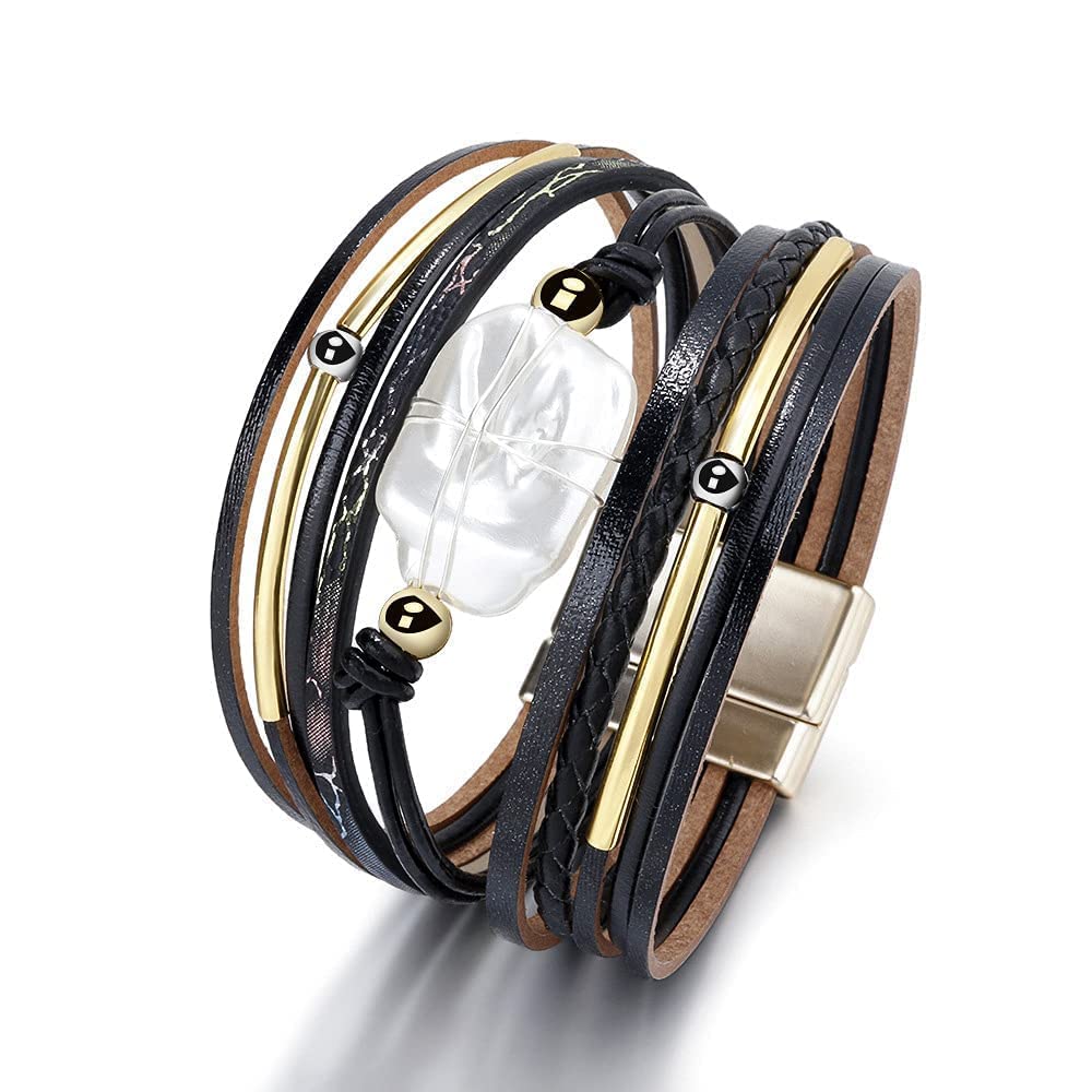 Fesciory Leopard Bracelet for Women, Boho Leather Wrap Multi-Layer Pearl Crystal Bracelet Bangle Jewelry(Black Leather(Pearl))
