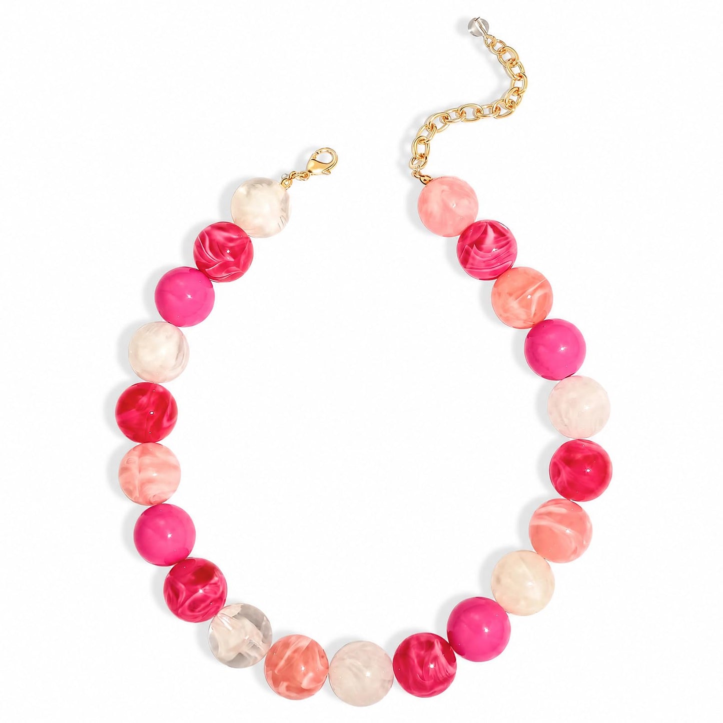 FAUTHENTICUTE Chunky Pink Necklace for Women Large Pink Tone Beaded Necklace With Adjustable Extender Chain Cute Bead Choker Statment Boho Summer Beach Jewelry