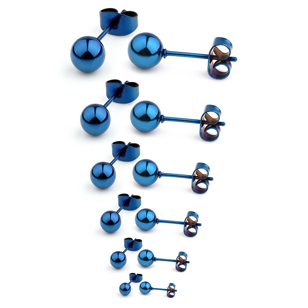 Ruifan 20G Stainless Steel Ball Stud Earrings for Men Women Round 3-8mm 6Pairs - Blue