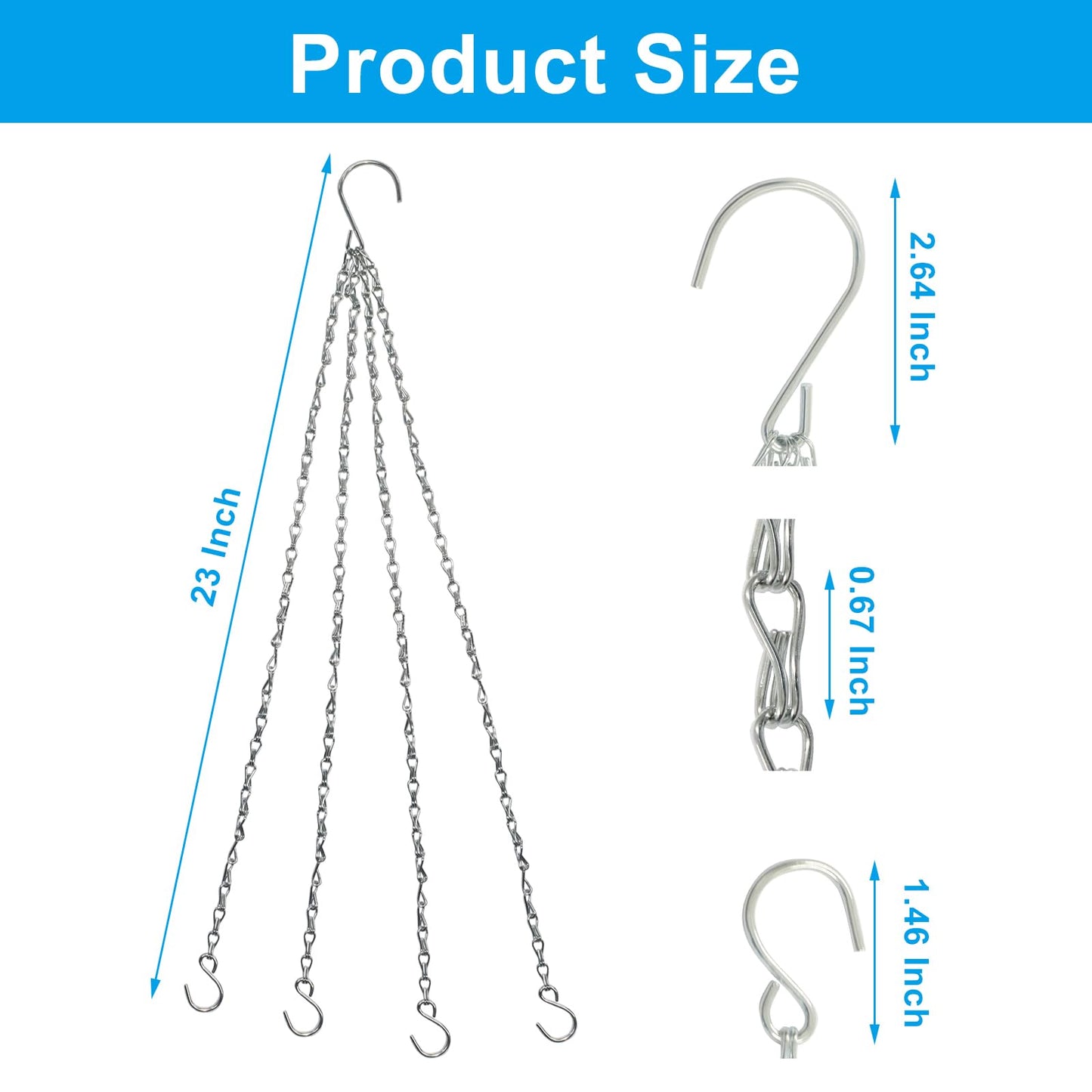 Zorfeter 3 Pack Silver Hanging Chains, Replacement Hooks Flower Pot Chains Plant Hangers, 23 Inch Hangers for Planters/Bird Feeders and Lanterns