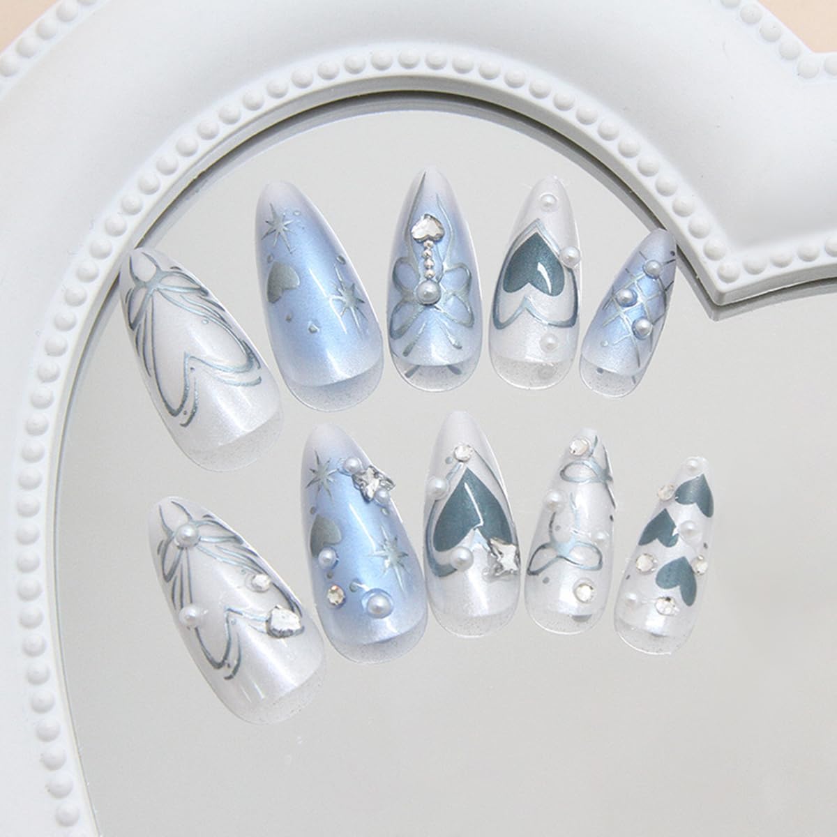 24Pcs Blue Almond Press on Nails Medium Fake Nails 3D Heart Glue on Nail Heart Bow Acrylic Nail Star Pearl Rhinestones Charms Gradient Blue White False Nails for Women Manicure Decoration