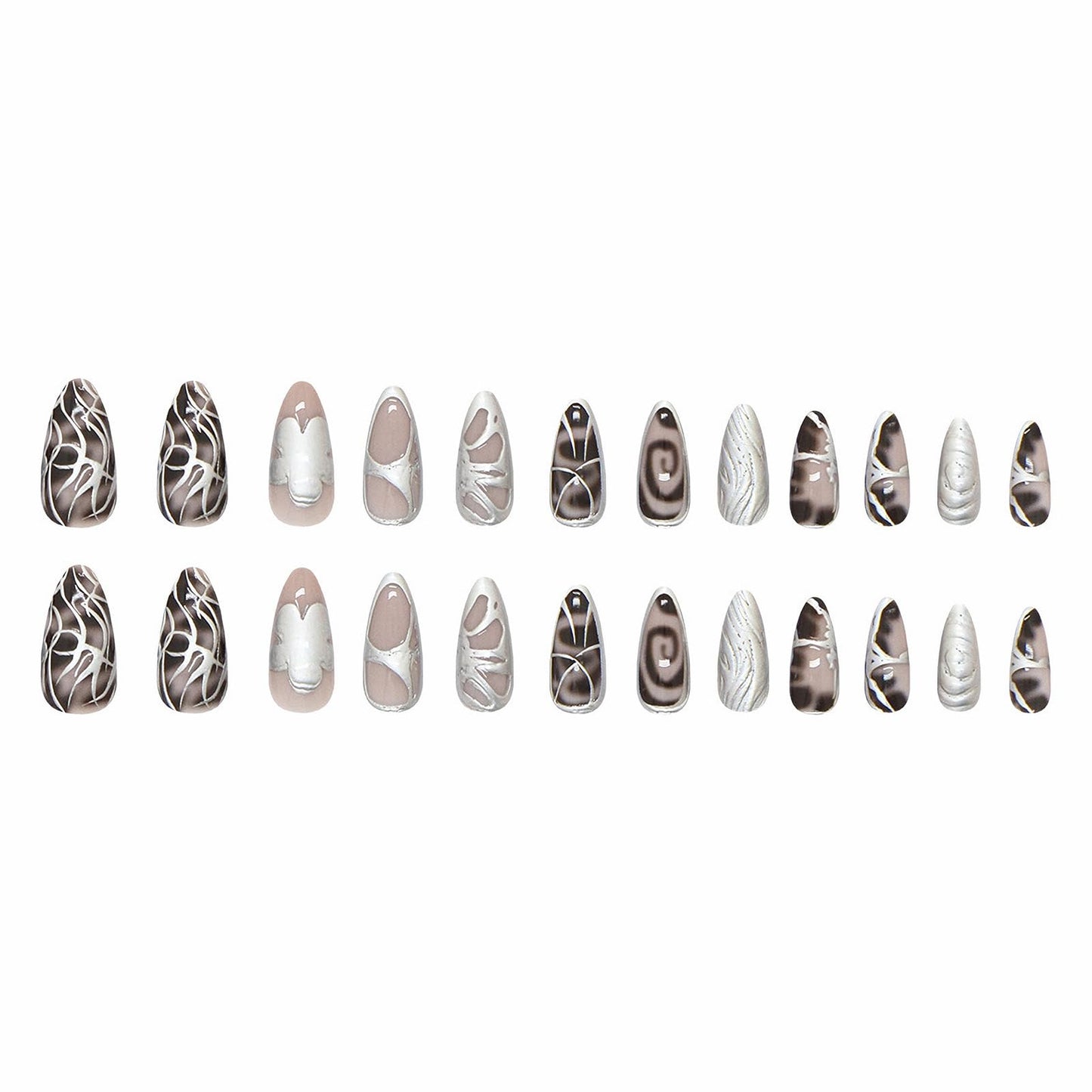 MISUD Press on Nails - Medium Almond Fake Nails with Goth Black Acrylic Silver Chrome Design 24 pcs