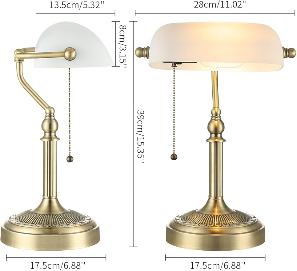 Newrays Traditional Glass Bankers Desk Lamp with Pull Chain Switch Plug in Fixture