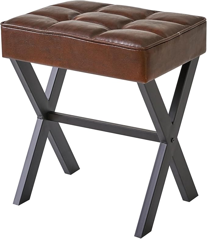 IBUYKE Square Makeup Stool with X-Leg Foot Rest, PU Footrest, Ottoman Seat Vanity Stool, Multi-Use as Small Side Table, for Bedroom, Living Room, Dark Brown LG-71Z
