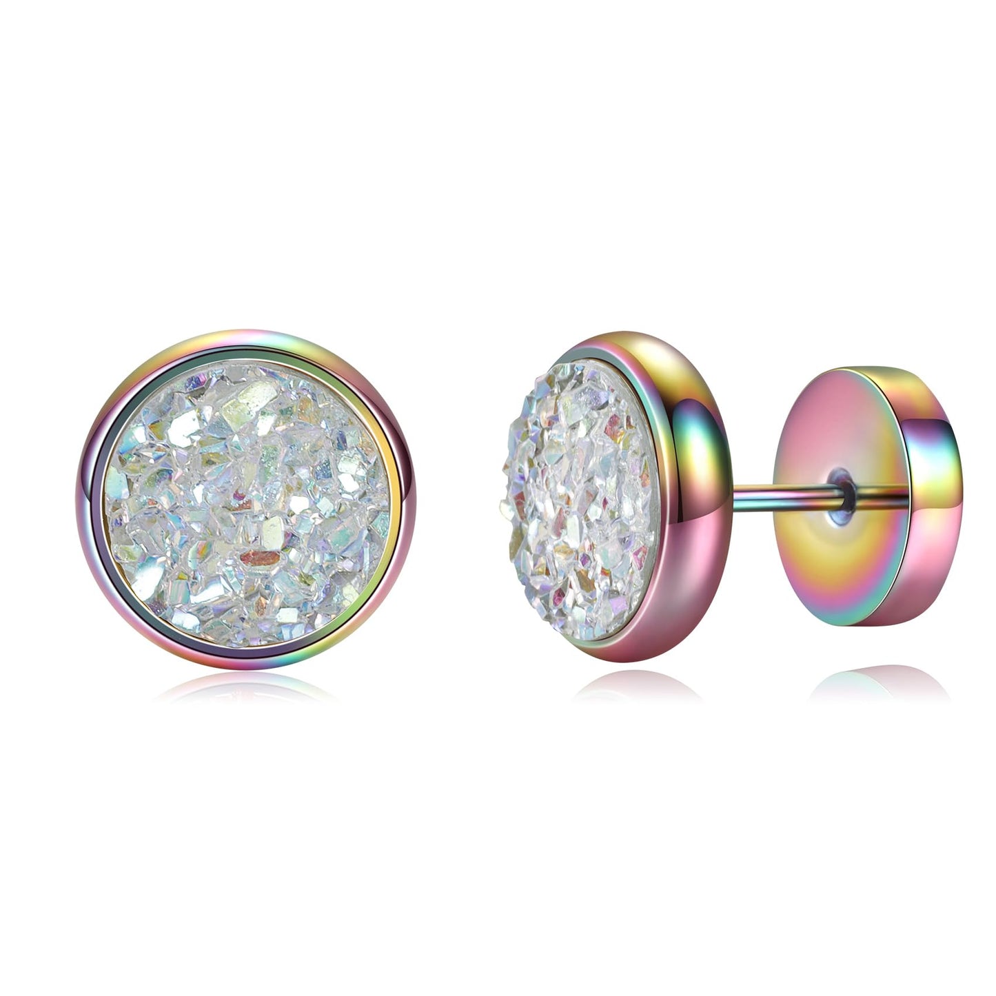VOLUKA Crystal Stone Stud Earrings Flat Back Titanium Stainless Steel Hypoallergenic Cartilage Earrings Stud for Sensitive Ears Women Men(White-Rainbow)