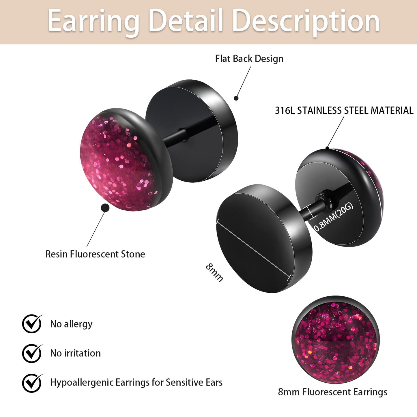 Surgical Stainless Steel Stud Earrings for Women Men Black Gold Plated Fluorescent Flat Back Hypoallergenic Earrings Suitable for Sensitive Ears
