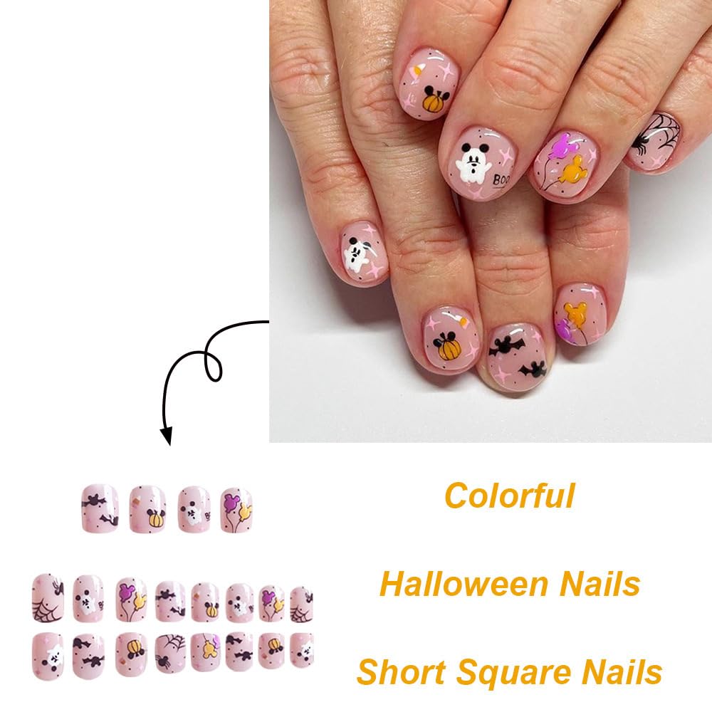 Halloween Press on Nails Short Round Fake Nails Cute Pink Acrylic Nails with Designs Ghost Spider Web False Nails Press ons Oval Glossy Glue on Nail for Women Girls 24Pcs