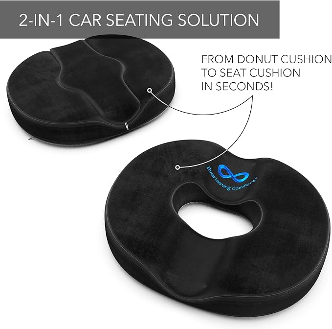 Everlasting Comfort Memory Foam Donut Pillow for Tailbone Pain Relief - Ergonomic Hemorrhoid Pillow for Sitting - Machine Washable, Anti-Slip - Ideal Donut Seat Cushion for Postpartum Pregnancy