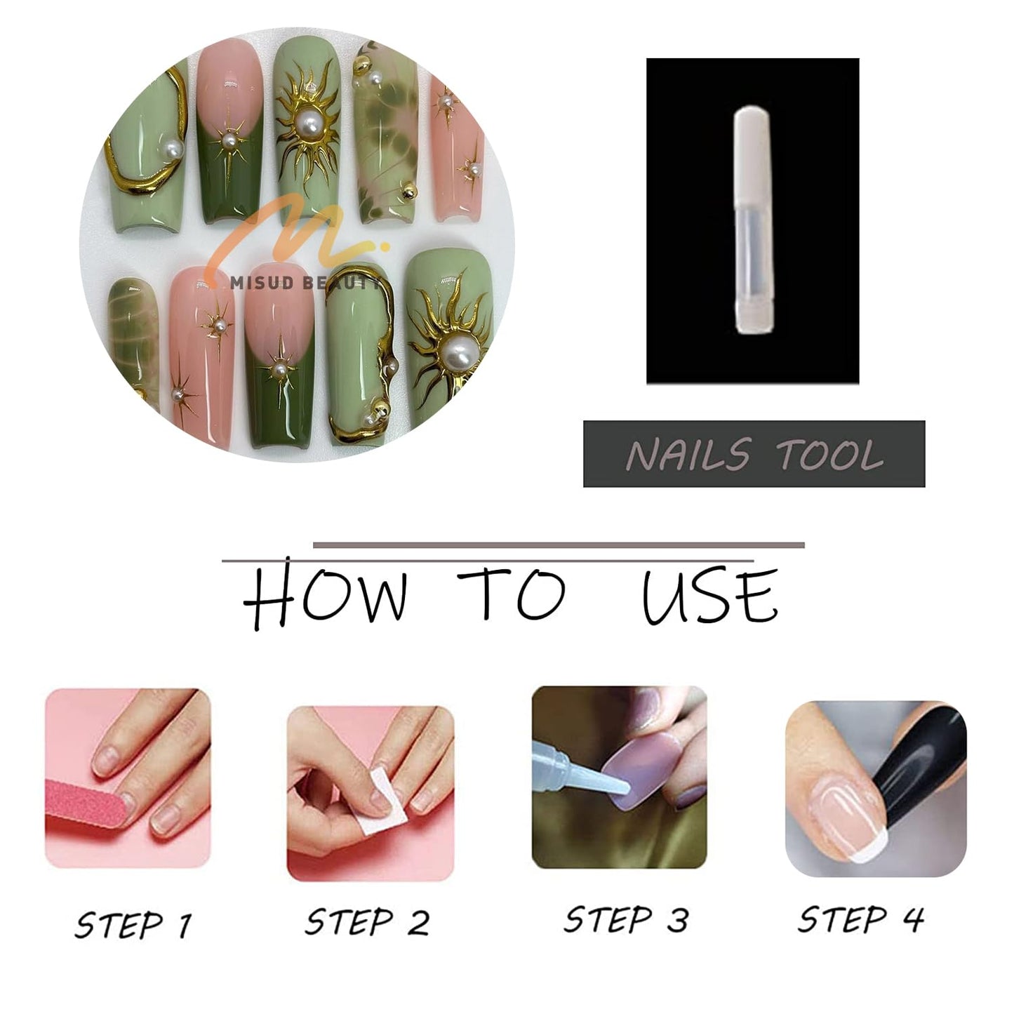 MISUD Press on Nails - Long Square Fake Nails with Green, Acrylic Gold Chrome Sun Star Design 24 pcs
