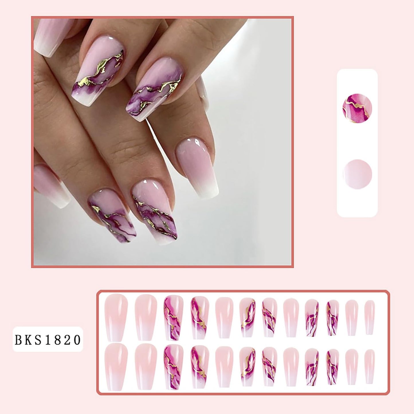 Vezocim Pink Press on Nails Square 24Pcs Glossy Full Cover Medium Acrylic Square False Nails with Marble Designs Artificial Coffin Reusable Fake Nails Glue ons Fingernails for Women Girls