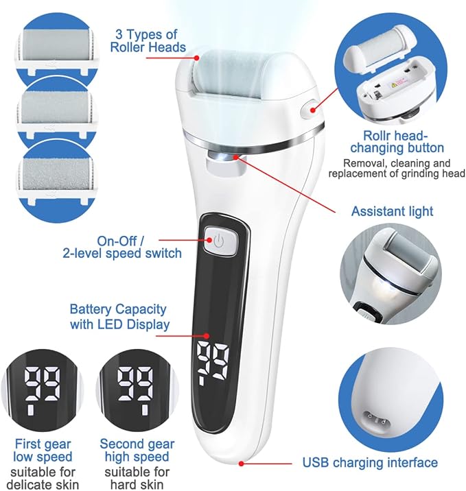 Electric Foot File Hard Skin Remover Callus Dead Skin Pedicure Tools for Feet, Portable Foot Care Kit