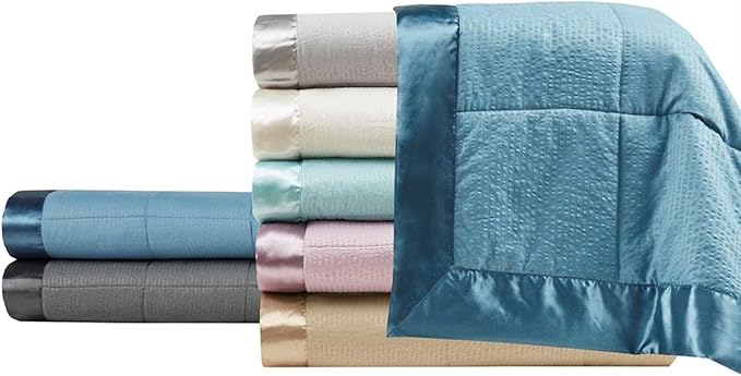 Madison Park Cambria Down Alternative Blanket, Premium 3M Scotchgard Moisture Wicking Treatment, Lightweight and Soft Bed Cover For Summer with Satin Trim, Oversized Twin Slate Blue