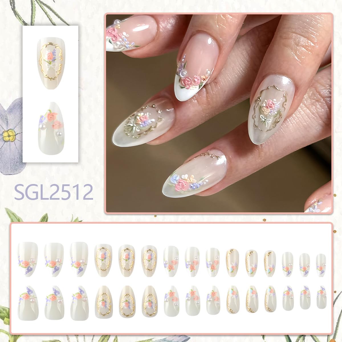 Spring Flower Press on False Nails White French Tip Fake Nails Medium Almond Glue on Nails with Retro Flower, Gold Striped, 3D Pearl Designs Press ons Stick on Nail for Women Manicure 30Pcs