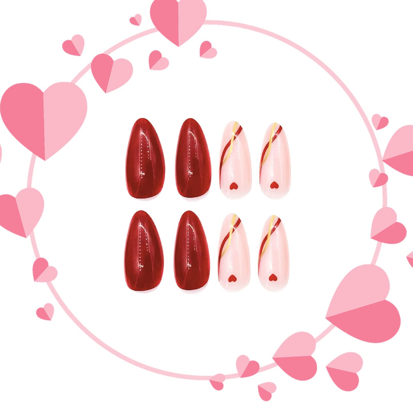 MISUD Press on Nails - Medium Almond Fake Nails with Red Heart, Acrylic Gold Line Design 24 pcs