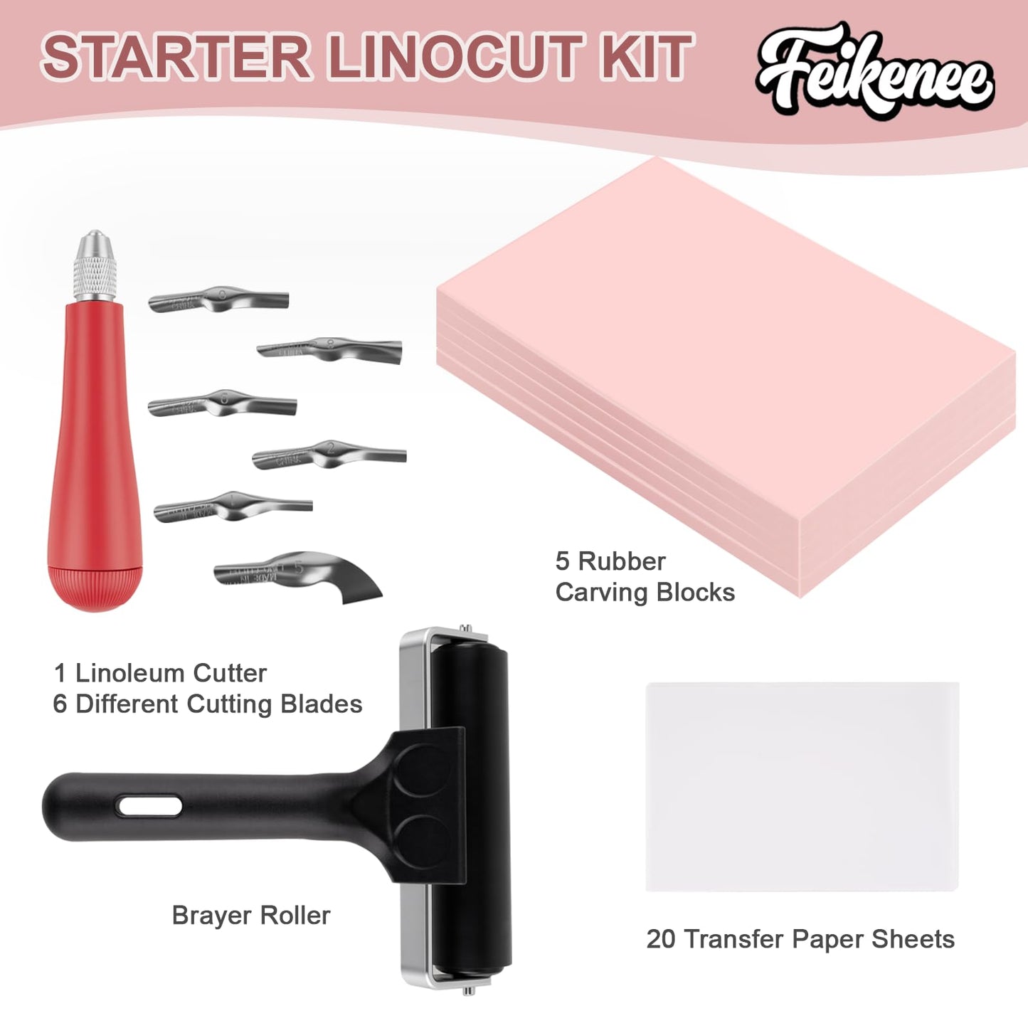 Feikenee Linocut Kit for Printmaking & Stamp Making with 5PCS 4"x6" Soft Linoleum Blocks, Linocut Carving Tools, Linocut Starter Kit to Create Custom Stamps and Art Prints