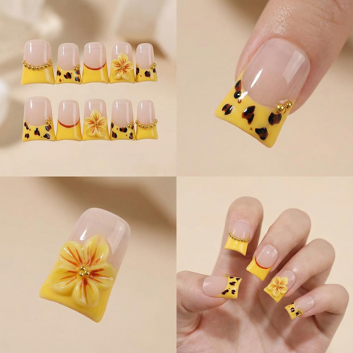 Handmade press on nails Duck Medium Fake Nails Yellow French False Nails with 3D Cherry blossoms Designs Leopard print luxury Charm Acrylic Nails for Women 10pcs (Size M）