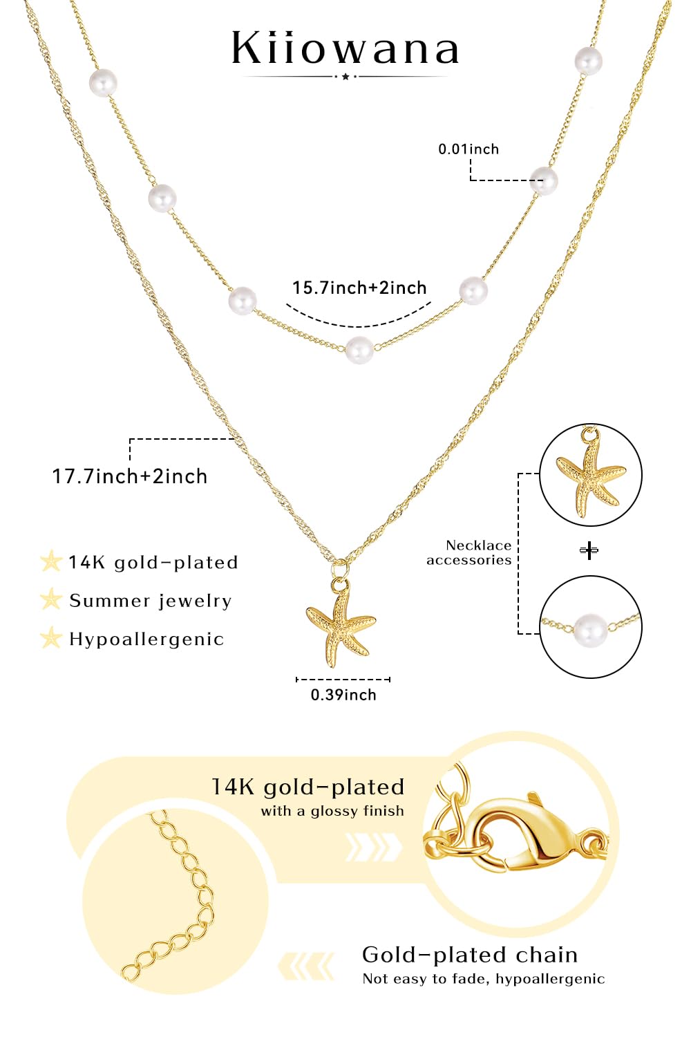 Beach Layered Starfish Necklace for Women, 14K Gold Plated Shell Conch Seashell & Pearl Charm Pendant, Dainty Coastal Summer Vacation Jewelry