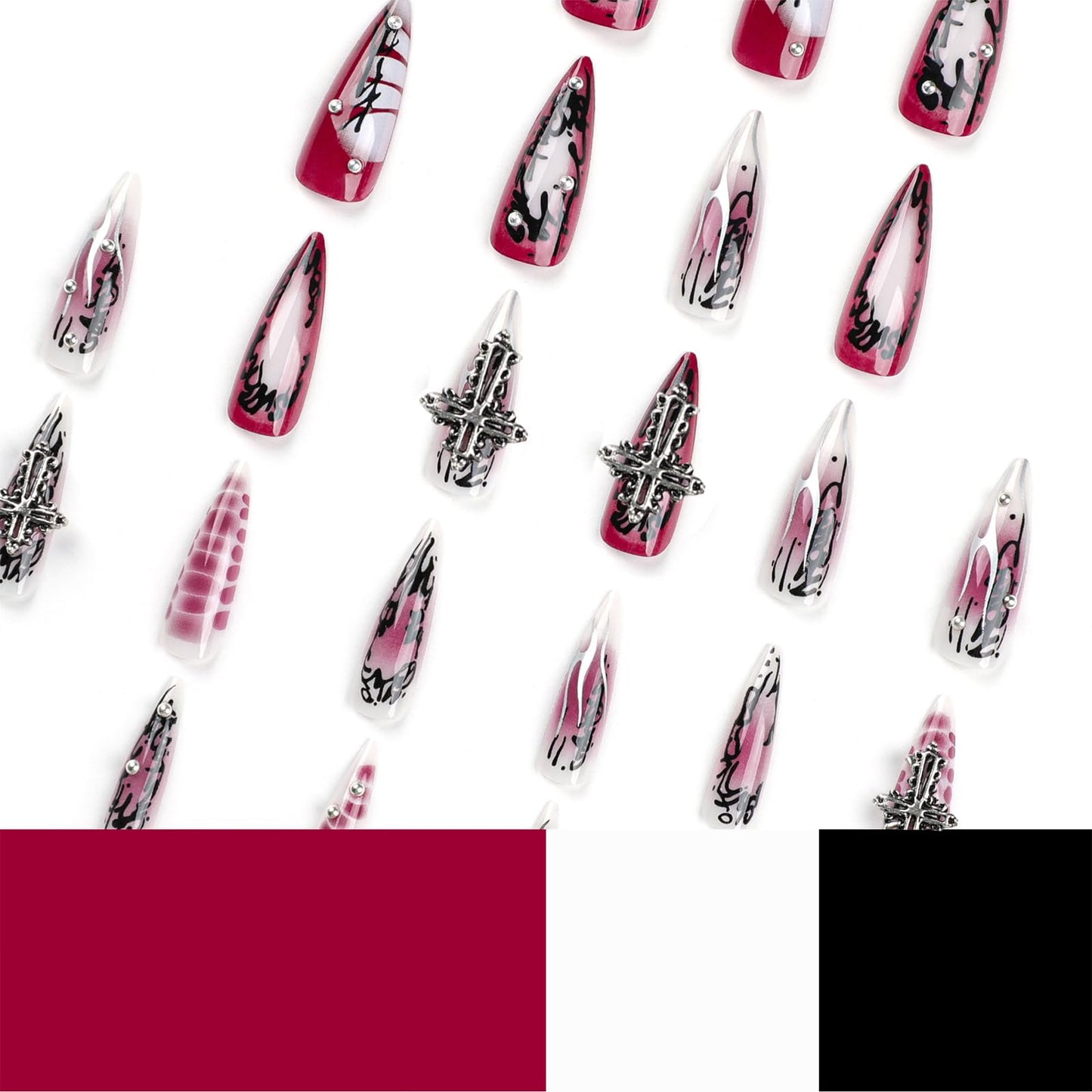 IMSOHOT Stiletto Press on Nails Long Gothic Fake Nails Black Red Ombre Glossy False Nails with Metal Cross Charms Designs Full Cover Glue on Nails 24PCS