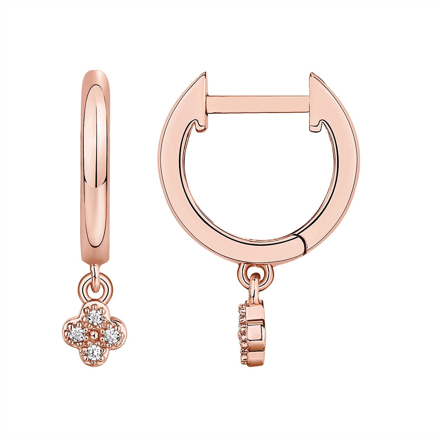 PAVOI 14K Rose Gold Plated 925 Sterling Silver Post Dangle Huggie Hoop Earrings For Women - Trendy Clover Drop Hoop Earrings - Cubic Zirconia Small Hinged Huggies
