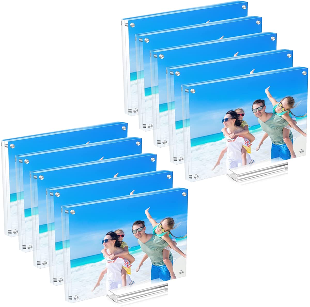 JUOIFIP 10 Pack Acrylic Picture Frame 5×7 Clear Double Sided Magnetic Photo Frame - Frameless Baby Friend Family Picture Desktop Display with Support Stand and Gift Boxes